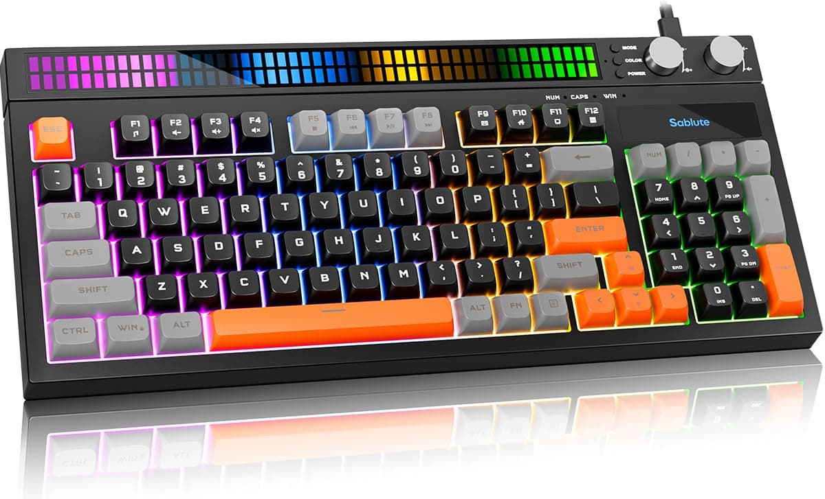SABLUTE Quiet Gaming Keyboard, Wired 94-Key RGB Sound-Sync Light Bar, USB-A