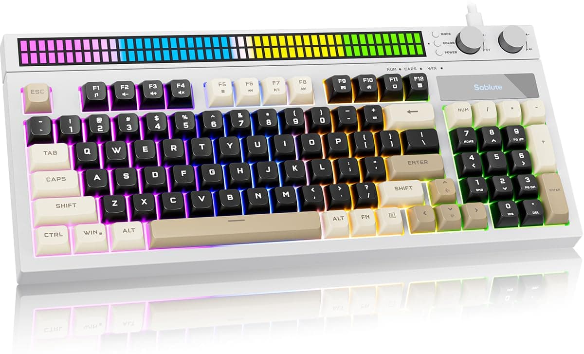 SABLUTE Quiet Gaming Keyboard, Wired 94-Key RGB Sound-Sync Light Bar, Black