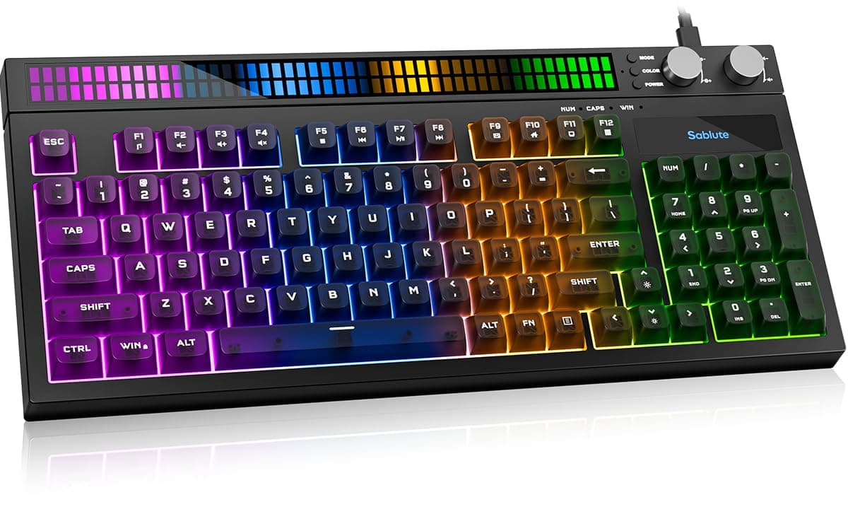 SABLUTE Quiet Gaming Keyboard, Wired 94-Key RGB Sound-Sync Light Bar, USB-A